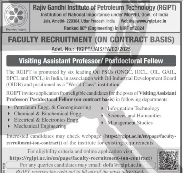 Rajiv Gandhi Institute of Petroleum Technology (RGIPT) – Faculty Recruitment 2025