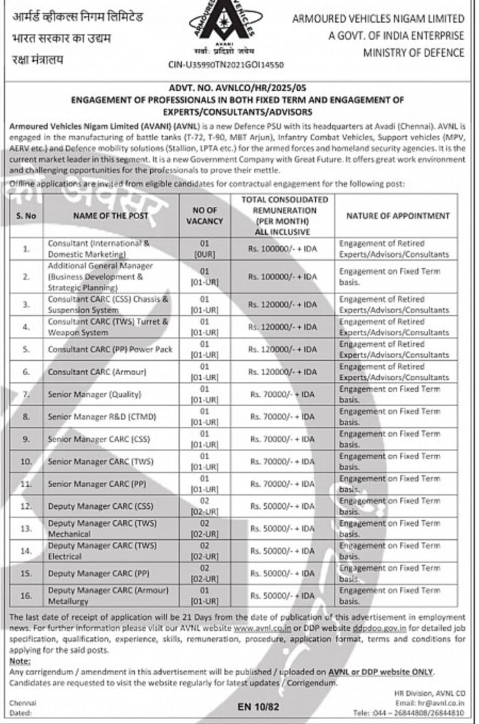 Armoured Vehicles Nigam Limited (AVNL) Recruitment 2025