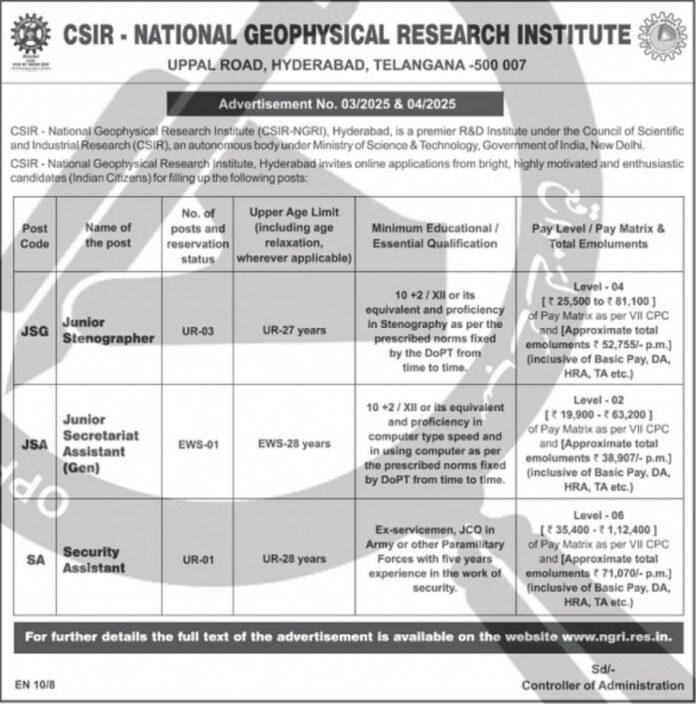CSIR – National Geophysical Research Institute (CSIR-NGRI) Recruitment 2025