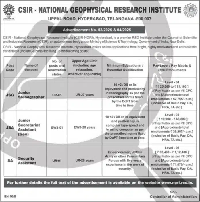 CSIR – National Geophysical Research Institute (CSIR-NGRI) Recruitment 2025