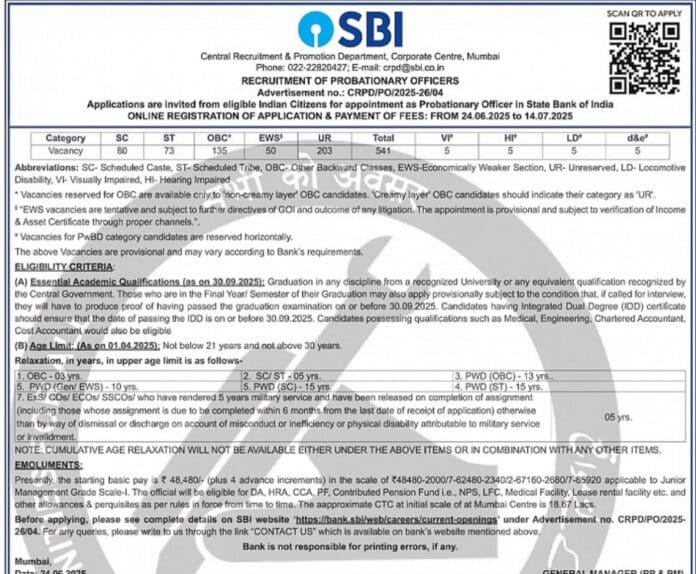 State Bank of India (SBI) Recruitment 2025 – Probationary Officers (PO)