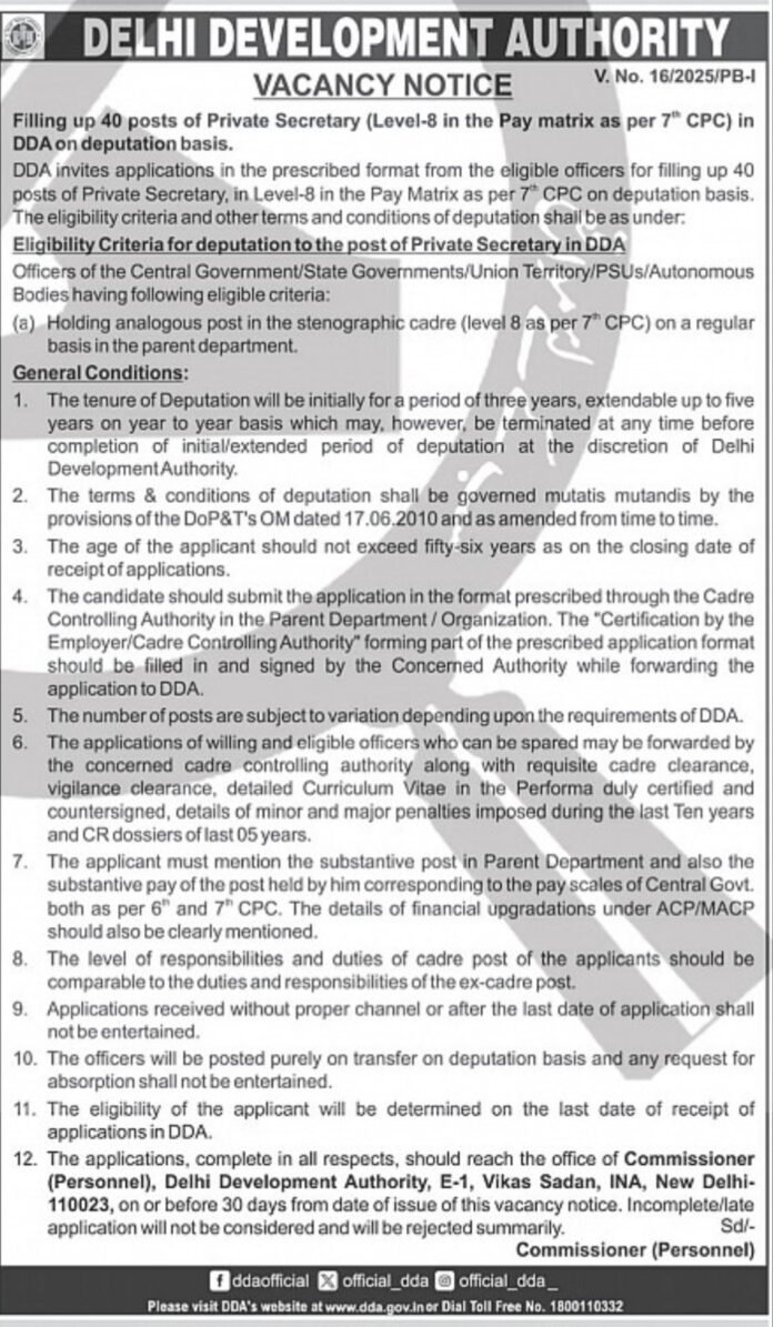 DDA Recruitment 2025 – Private Secretary (Deputation Basis)
