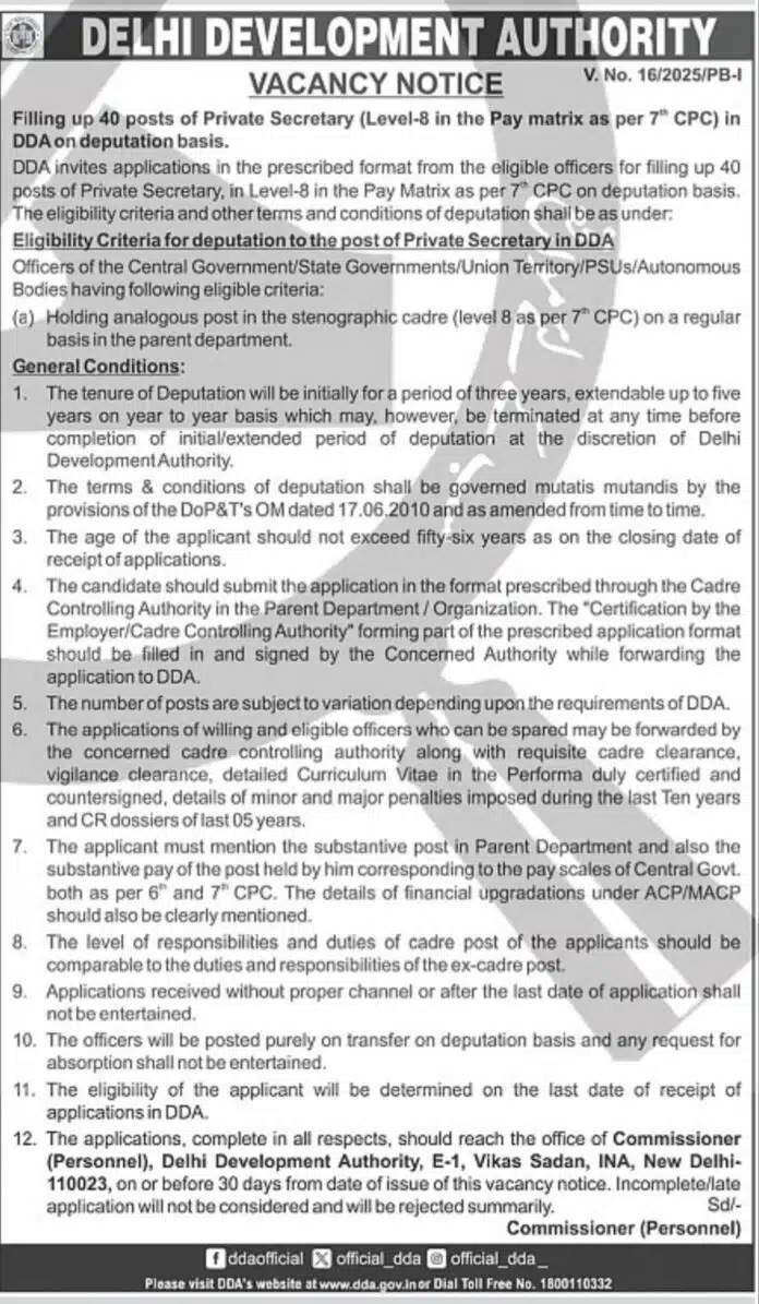 DDA Recruitment 2025 – Private Secretary (Deputation Basis)