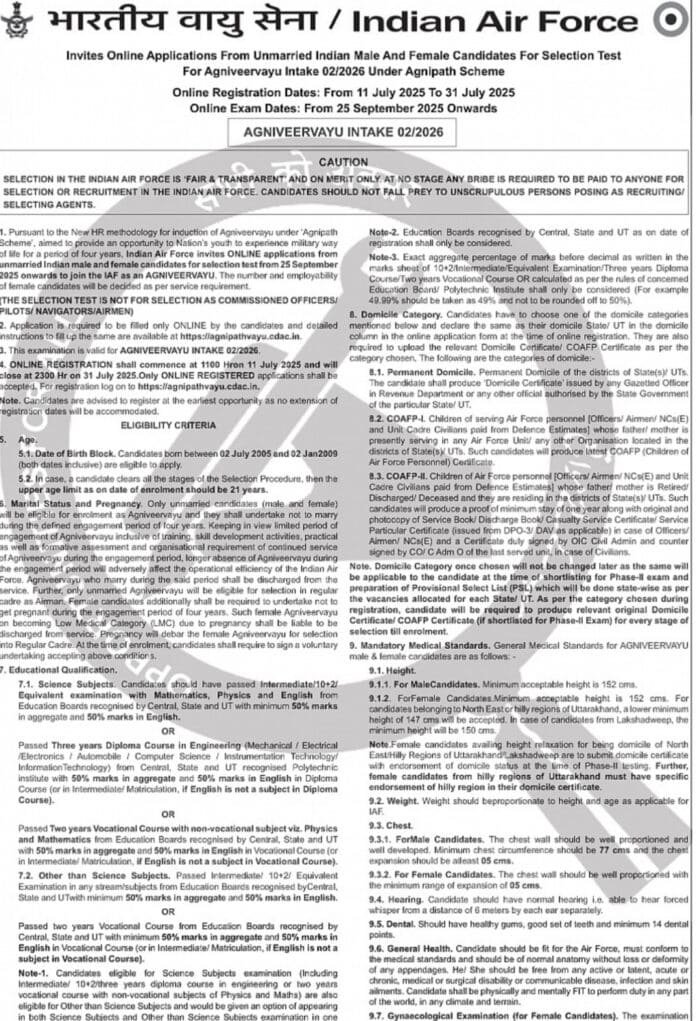 Indian Air Force Agniveervayu Intake 02/2026 Recruitment 2025