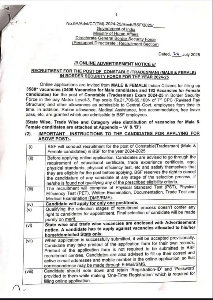BSF Constable (Tradesman) Recruitment 2025 – 3588 Vacancies
