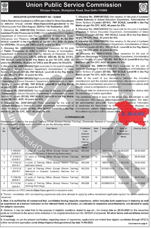 UPSC Recruitment 2025 – Lecturer & Training Officer Posts