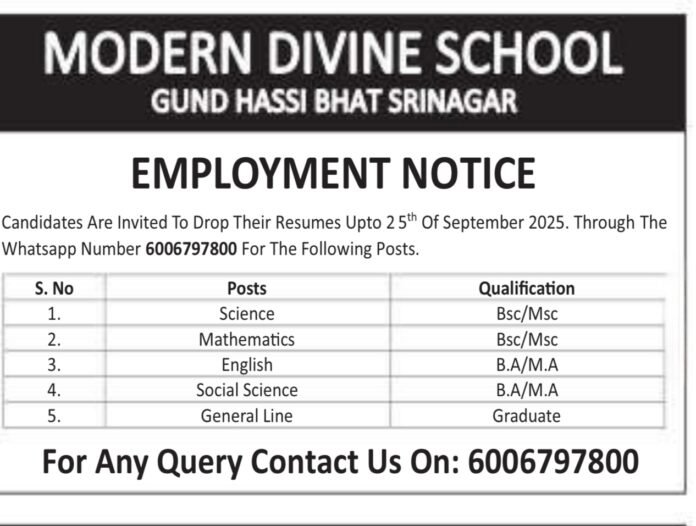 Modern Divine School Srinagar – Teaching Staff Recruitment 2025