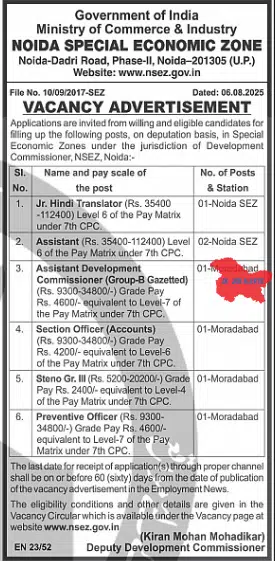 NSEZ Recruitment 2025 – Deputation Vacancies in Noida & Moradabad SEZs