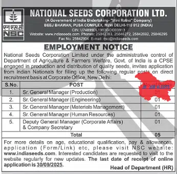 National Seeds Corporation Ltd. Recruitment 2025 – Apply for Senior & Deputy General Manager Posts