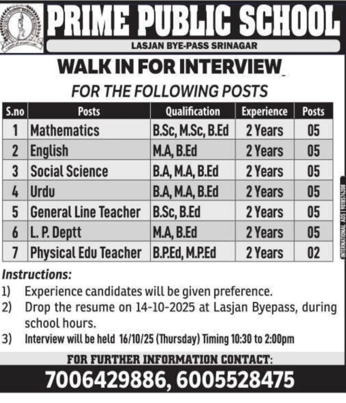 Prime Public School Srinagar – Walk-in Interview for Teaching Posts