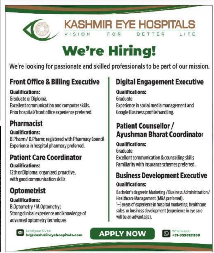 Kashmir Eye Hospitals Recruitment 2025 – Apply for Multiple Posts