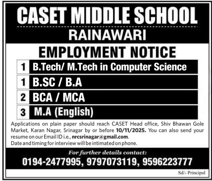 CASET Middle School Rainawari Recruitment 2025 – Teaching & Academic Posts