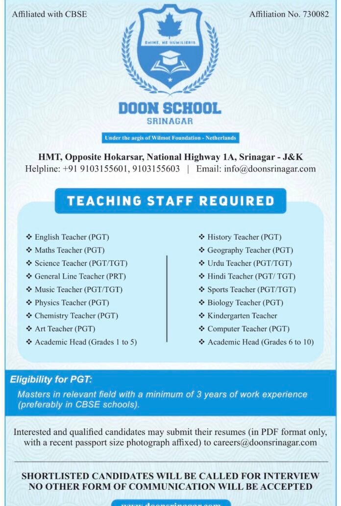 Doon School Srinagar Recruitment 2025 – Teaching Staff Required