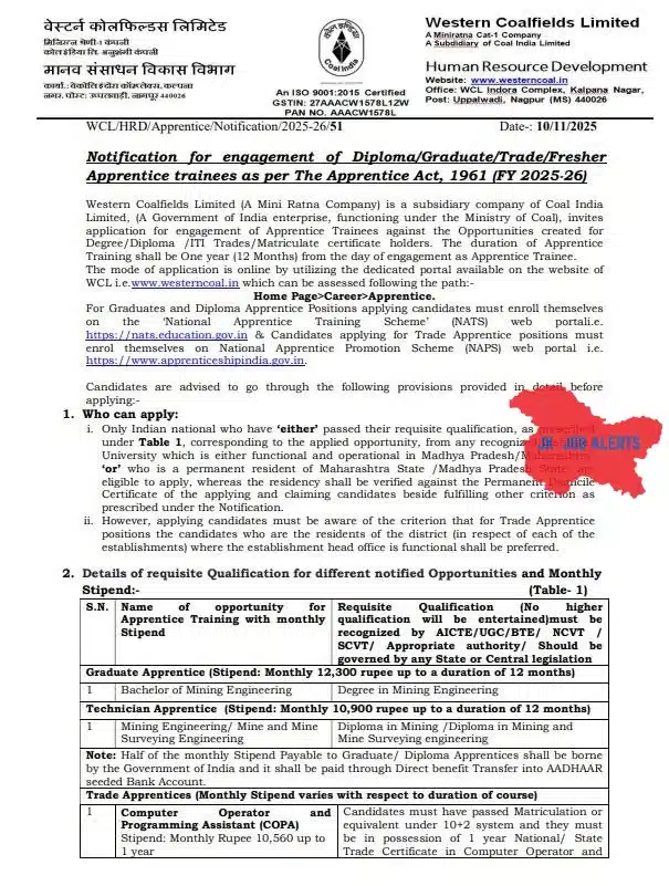 Western Coalfields Limited Recruitment 2025 – Apprentice Trainee Vacancies