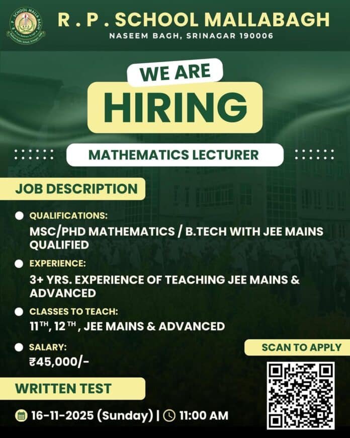 R.P. School Mallabagh Srinagar Recruitment 2025 – Mathematics Lecturer Vacancy