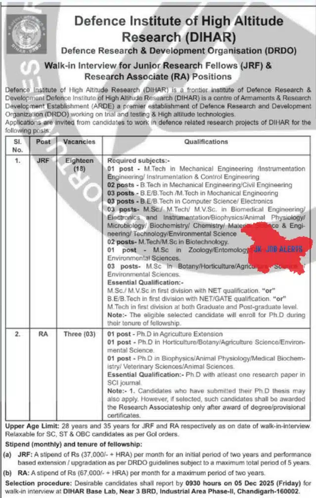 DIHAR DRDO Recruitment 2025 – Walk-in Interview for JRF & RA Positions