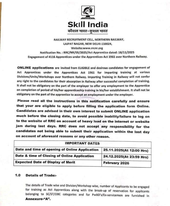 RRC Northern Railway Act Apprentice Recruitment 2025 – Apply Online for 4116 Posts