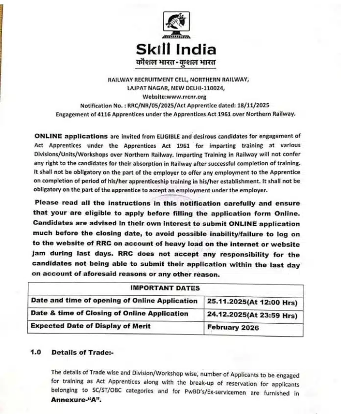 RRC Northern Railway Act Apprentice Recruitment 2025 – Apply Online for 4116 Posts