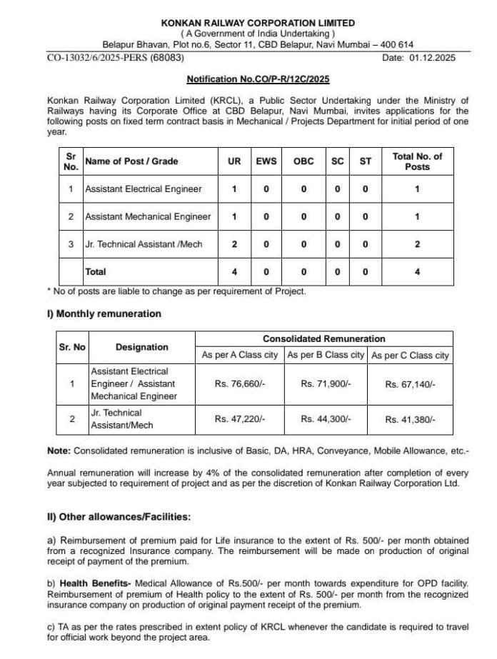 Konkan Railway Corporation Limited (KRCL) Recruitment 2025 – Fixed Term Contract Posts