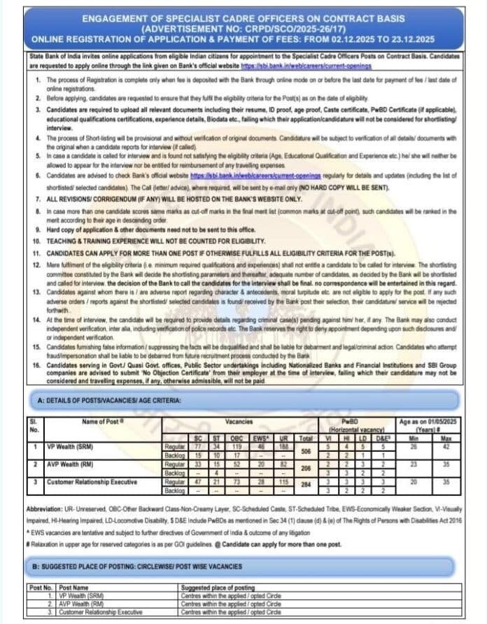 SBI Recruitment 2025-26 – Specialist Cadre Officers on Contract Basis