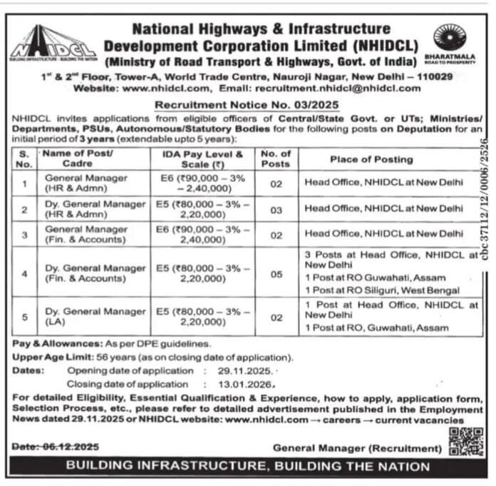 NHIDCL Recruitment 2025 – Deputation Posts