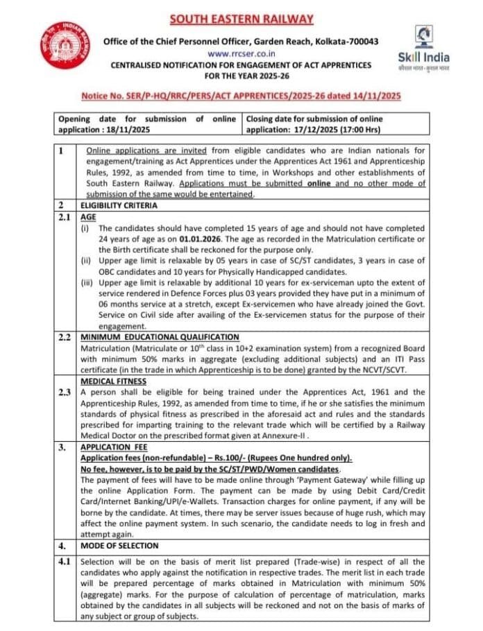 South Eastern Railway Recruitment 2025-26 – Engagement of Act Apprentices