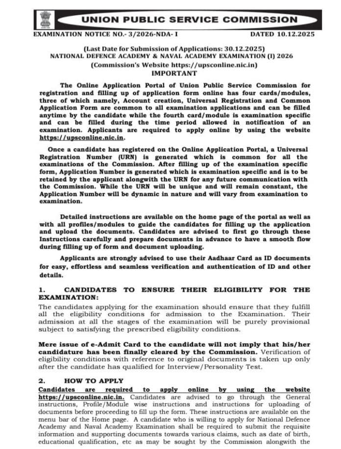 UPSC NDA & NA Examination (I) 2026 – Apply Online