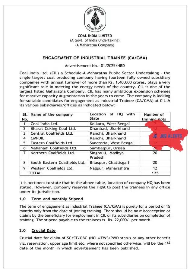Coal India Limited Recruitment 2026 – Industrial Trainee (CA/CMA)