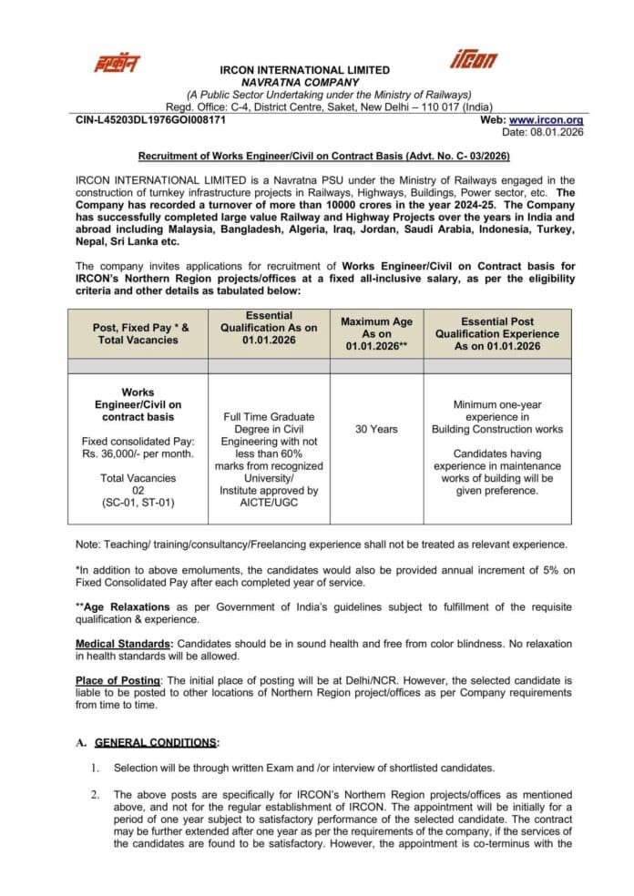 IRCON Recruitment 2026 – Works Engineer (Civil) on Contract Basis