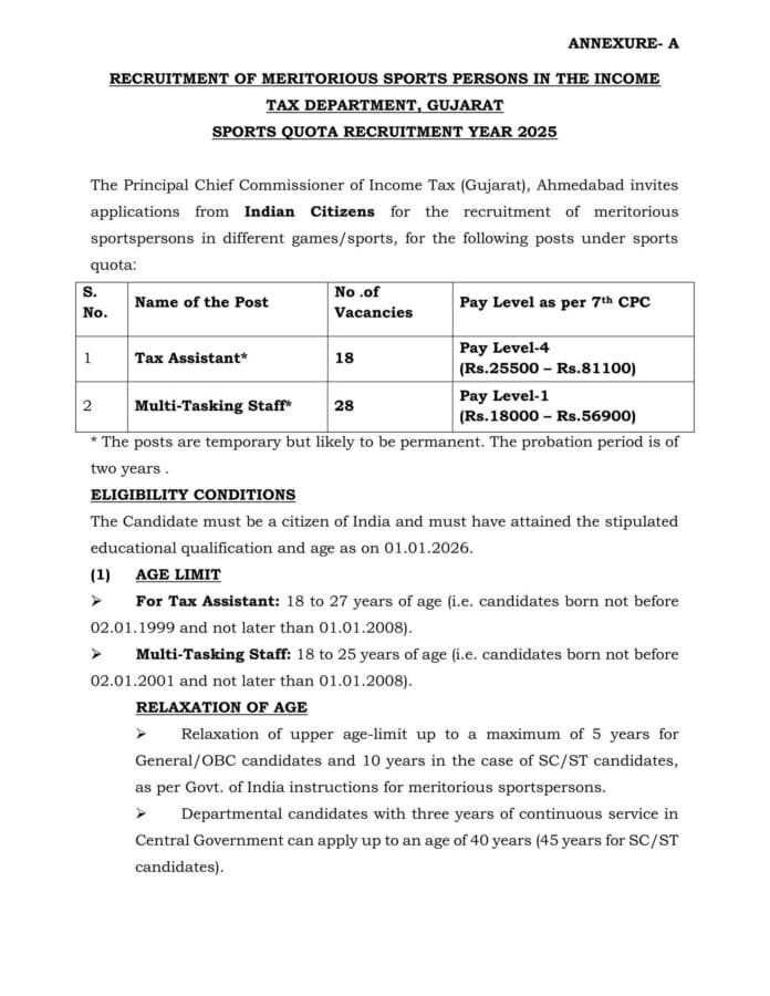 Income Tax Department Gujarat Recruitment 2025 – Sports Quota