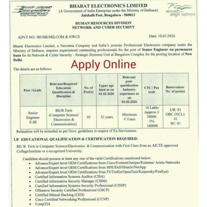 Bharat Electronics Limited Senior Engineer Recruitment 2026 – 05 Vacancies