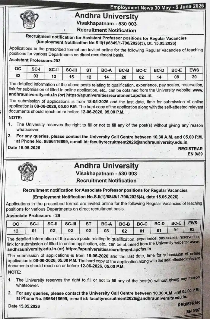 Andhra University Recruitment 2026 – 232 Assistant Professor and Associate Professor Vacancies