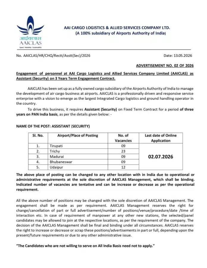 AAICLAS Assistant Security Recruitment 2026 Apply Online for Airport Vacancies Across India