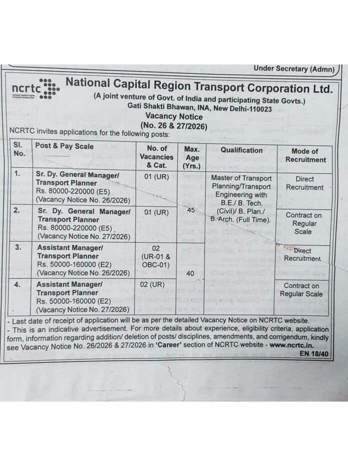 NCRTC Recruitment 2026 Apply Online for Transport Planner & Assistant Manager Posts