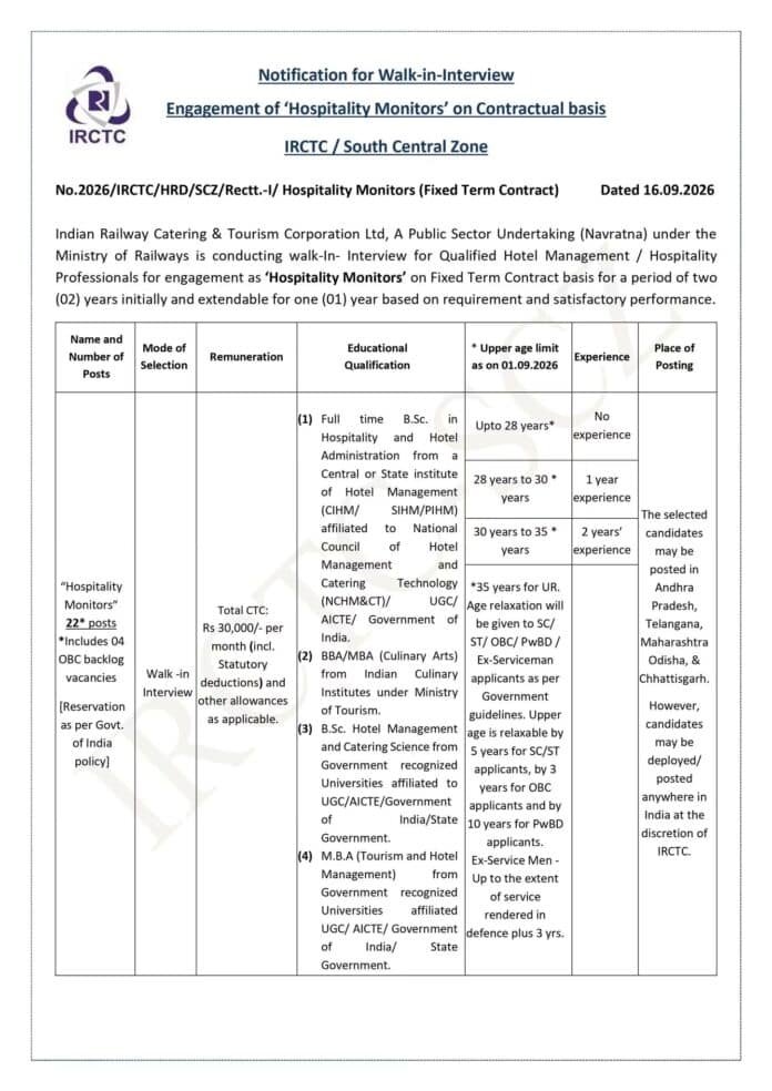 IRCTC Hospitality Monitor Recruitment 2026: 22 Posts, Salary Rs. 30,000, Walk-in Interview
